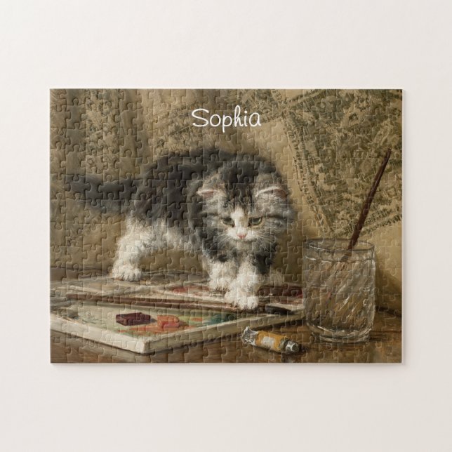 Cute Vintage Kitten Art, Name Jigsaw Puzzle (Horizontal)
