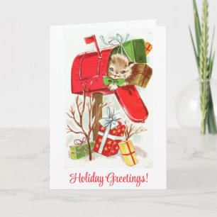 Cute Vintage Kitten Cat Christmas Greetings Holiday Card