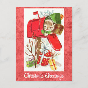 Cute Vintage Kitten Cat Christmas Greetings Postcard