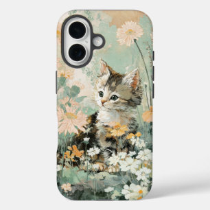 Cute Vintage Kitten in Flowers Cottagecore iPhone 16 Case