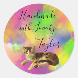 Cute Vintage Kitty Cat Handmade with Love Rainbow Classic Round Sticker