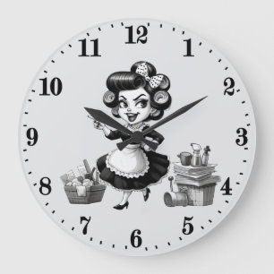 Cute vintage lady cleaning large clock