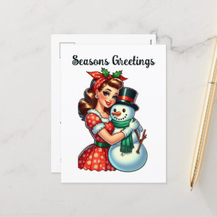 Cute vintage lady snowman Christmas add message Holiday Postcard