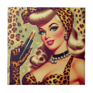 Cute Vintage Leopard Print Girl Ceramic Tile