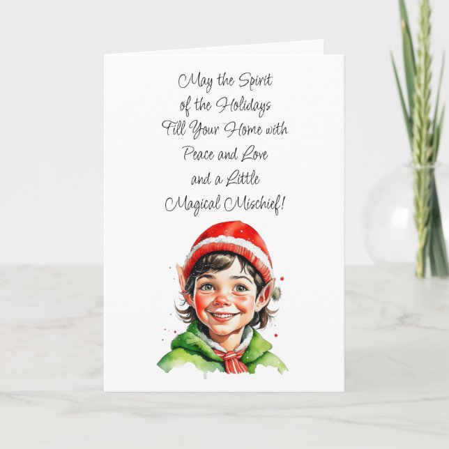 Cute Vintage Little Boy Elf Christmas Blessings Card (Front)