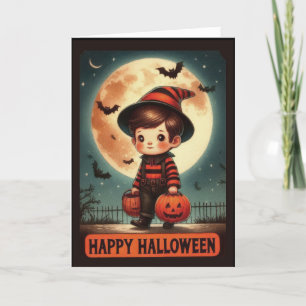 Cute Vintage Little Wizard Boy Halloween Holiday Card