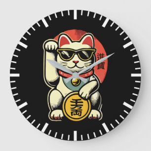 Cute Vintage Maneki Neko Lucky Cat, Success Money Large Clock