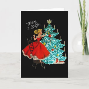 Cute Vintage Merry And Bright Girl Decorating Chri Card