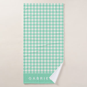 Cute Vintage Mint Green Gingham Plaid Personalised Bath Towel