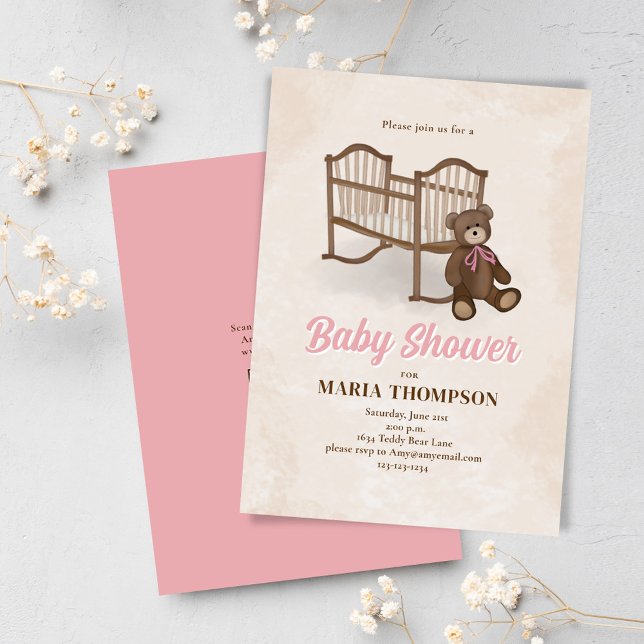 Cute Vintage Nursery Custom Baby Girl Shower Invitation (Baby Shower pink Teddy Bear Invitations.)