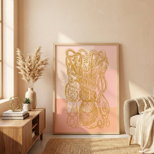 Cute Vintage Octopus Line Art Illustration in Pink Poster
