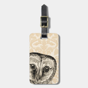 Cute Vintage Owl in Black on Tan Damask Luggage Tag