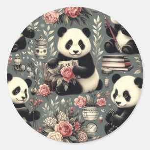 Cute Vintage Panda Floral Classic Round Sticker