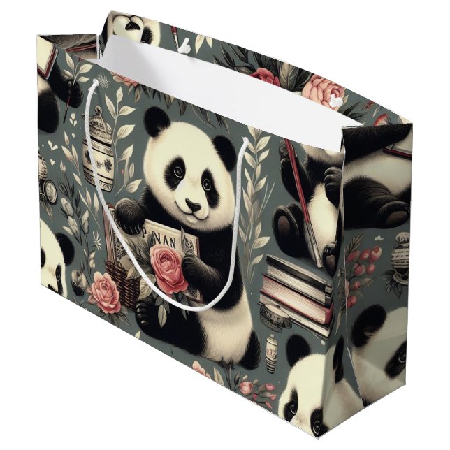 Cute Vintage Panda Floral Large Gift Bag (Back Angled)