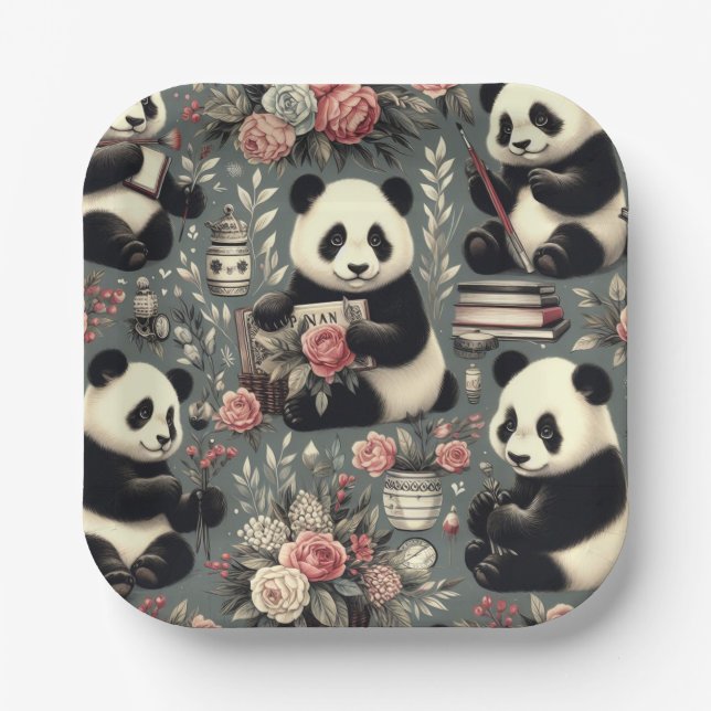 Cute Vintage Panda Floral Paper Plate (Front)