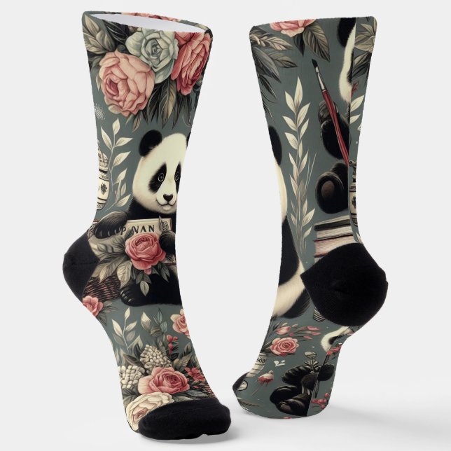 Cute Vintage Panda Floral Socks (Angled)