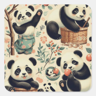 Cute Vintage Panda Seamless Painting Square Sticker
