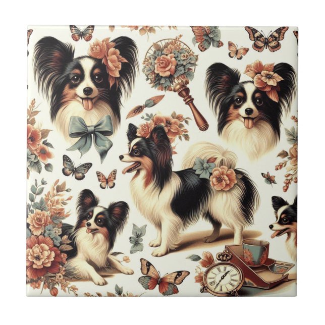 Cute Vintage Papillon Dog Illustration Ceramic Tile (Front)