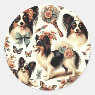 Cute Vintage Papillon Dog Illustration Classic Round Sticker