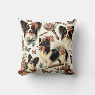 Cute Vintage Papillon Dog Illustration Cushion
