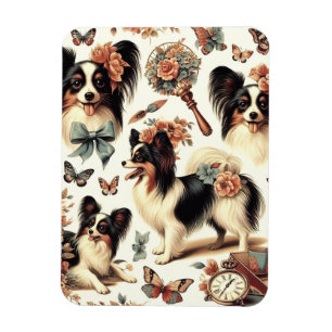 Cute Vintage Papillon Dog Illustration Magnet