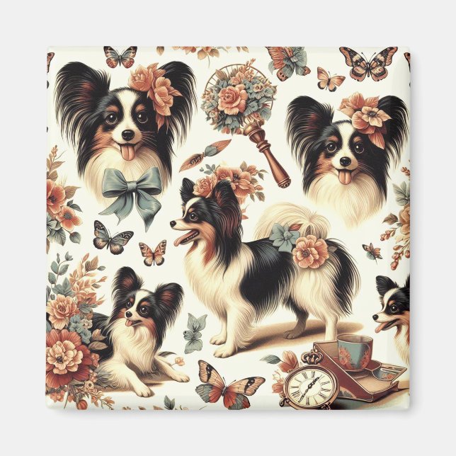Cute Vintage Papillon Dog Illustration Magnet (Front)