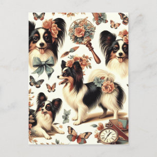 Cute Vintage Papillon Dog Illustration Postcard