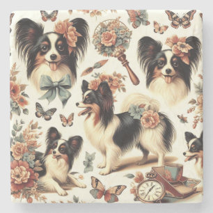 Cute Vintage Papillon Dog Illustration Stone Coaster