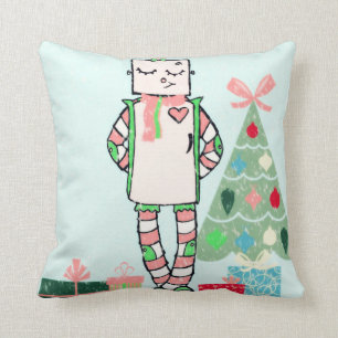 Cute Vintage Pastel Holiday Robot & Tree Pillow
