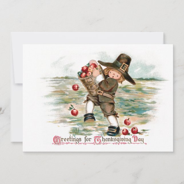 Cute Vintage Pilgrim Boy with Apples Holiday Card (Front)