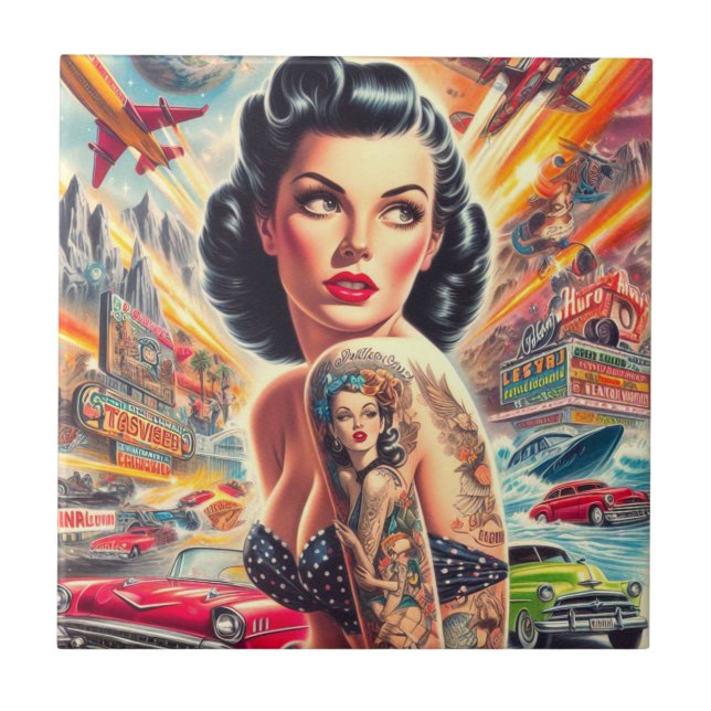 Cute Vintage Pin-up Art Ceramic Tile (Front)