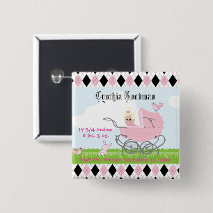 Cute Vintage Pink Baby Girl Carriage 15 Cm Square Badge