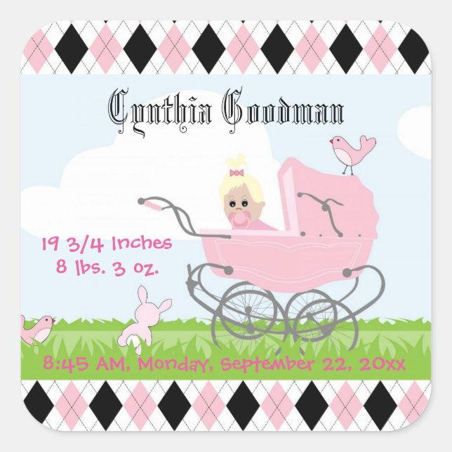 Cute Vintage Pink Baby Girl Carriage Square Sticker (Front)