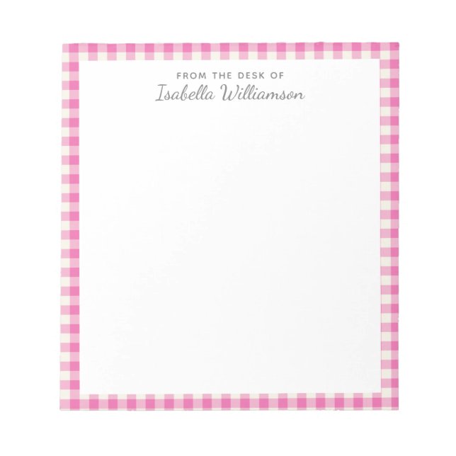 Cute Vintage Pink Gingham Plaid Pattern Name Notepad (Front)