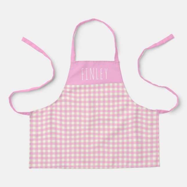 Cute Vintage Pink Gingham Plaid Personalised Kid's Apron (Front)