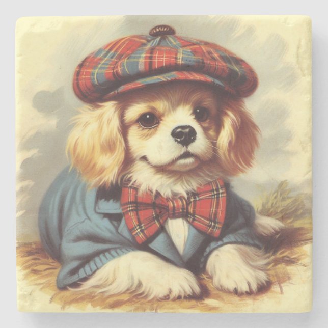 Cute Vintage Puppy Painting Stone Coaster (Front)