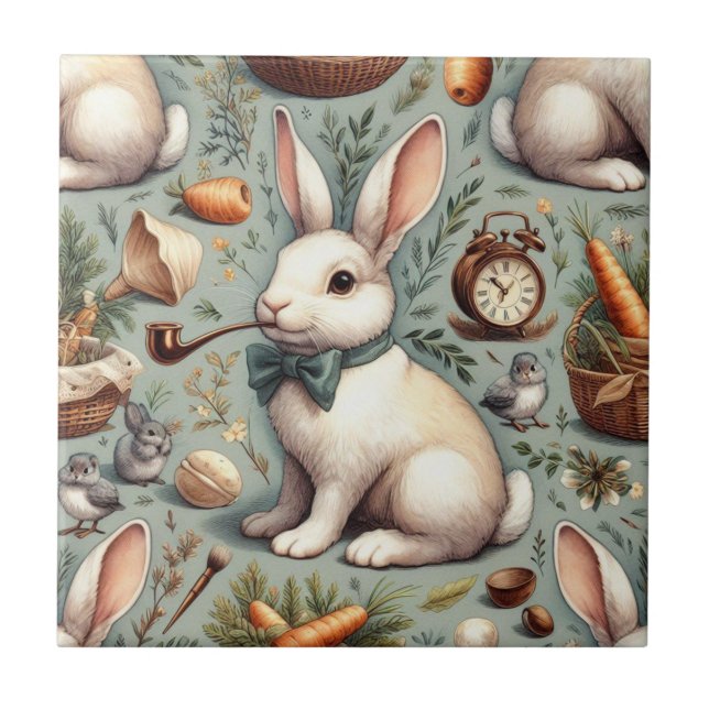 Cute Vintage Rabbit Ceramic Tile (Front)