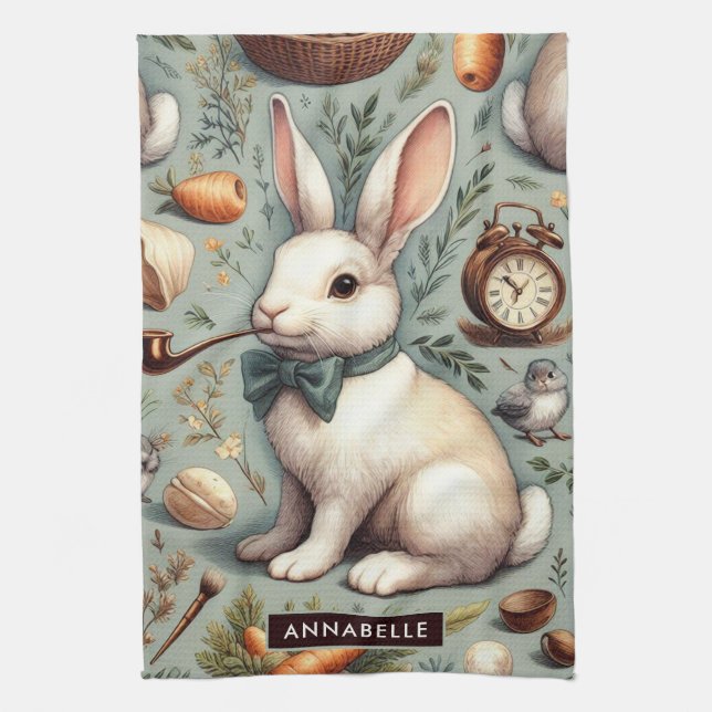 Cute Vintage Rabbit Tea Towel (Vertical)