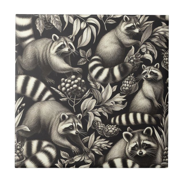 Cute Vintage Racoon Seamless Ceramic Tile (Front)