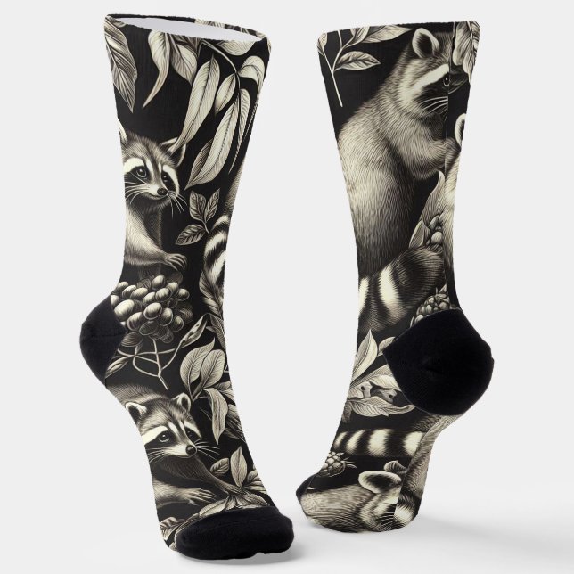 Cute Vintage Racoon Seamless Socks (Angled)