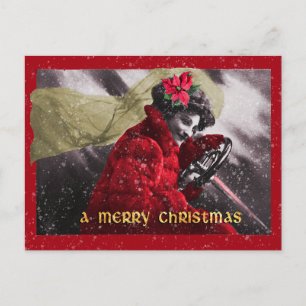 Cute Vintage Red Girl Driving Car Holiday Postcard
