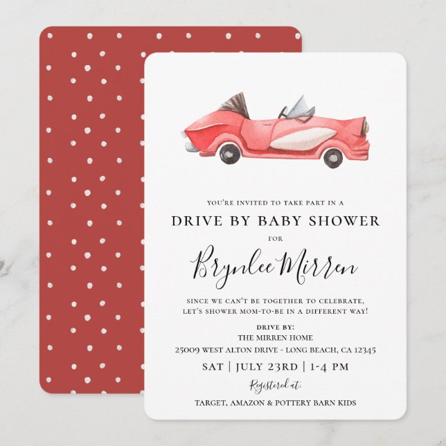 Cute Vintage Red Racecar Drive By Baby Shower Invitation (Front/Back)
