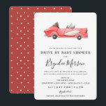 Cute Vintage Red Racecar Drive By Baby Shower Invitation<br><div class="desc">Cute illustrated watercolor vintage red racecar,  drive by baby shower invitation.  Back of card features coordinating red and white polka dot pattern.</div>