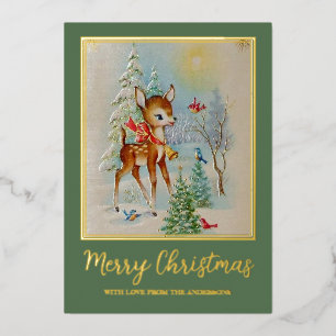 Cute Vintage Retro Christmas Deer Winter Foil Holiday Card