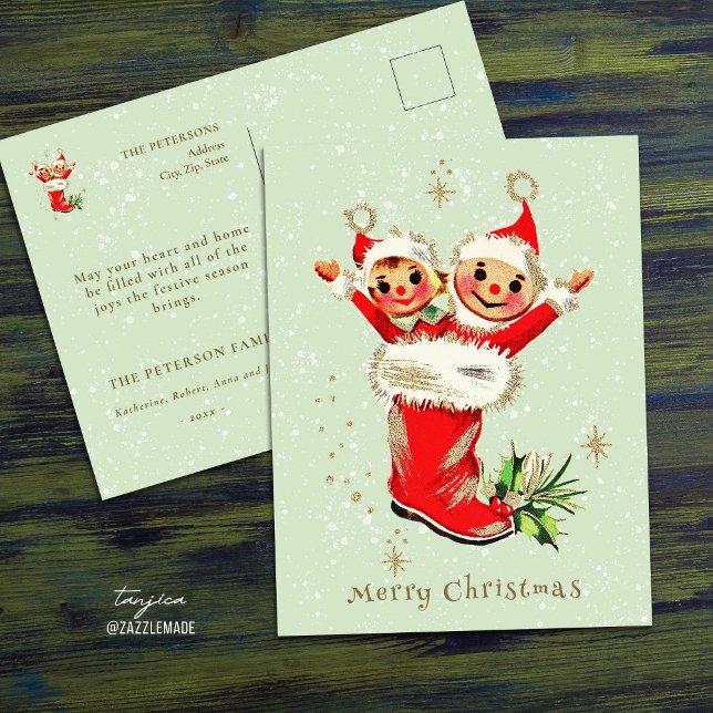 Cute Vintage Retro Christmas Elves Sage Green  Postcard (Creator Uploaded)