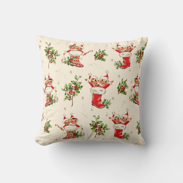 Cute Vintage Retro Christmas Red Green Elves  Cushion (Front)