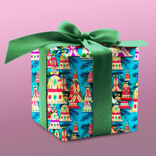 Cute vintage retro colourful bells Christmas blue Wrapping Paper