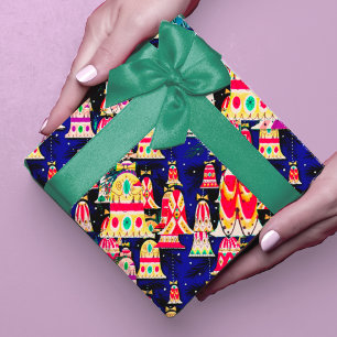 Cute vintage retro colourful bells Christmas navy Wrapping Paper