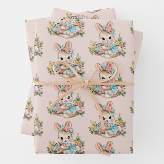 Cute Vintage Retro Easter Bunny Gift Wrap (In situ)