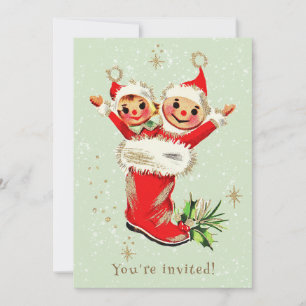 Cute Vintage Retro Elves Sage Christmas Party Invitation